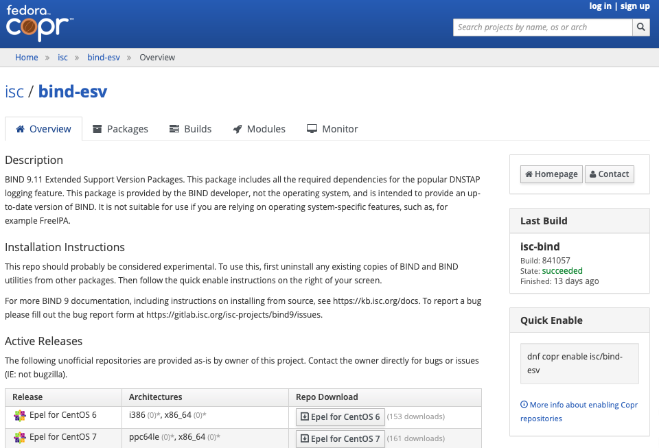 Image of the bind-esv repository on the Fedora copr site