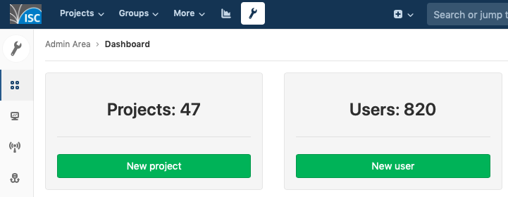 Image from ISC's GitLab instance, showing 47 projects and 820 users