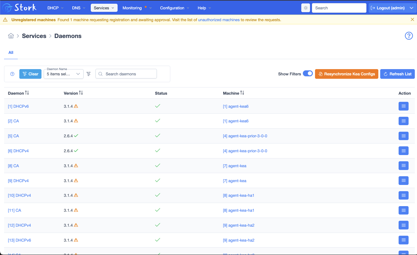 Stork screenshot showing daemons, including the CA as a daemon.
