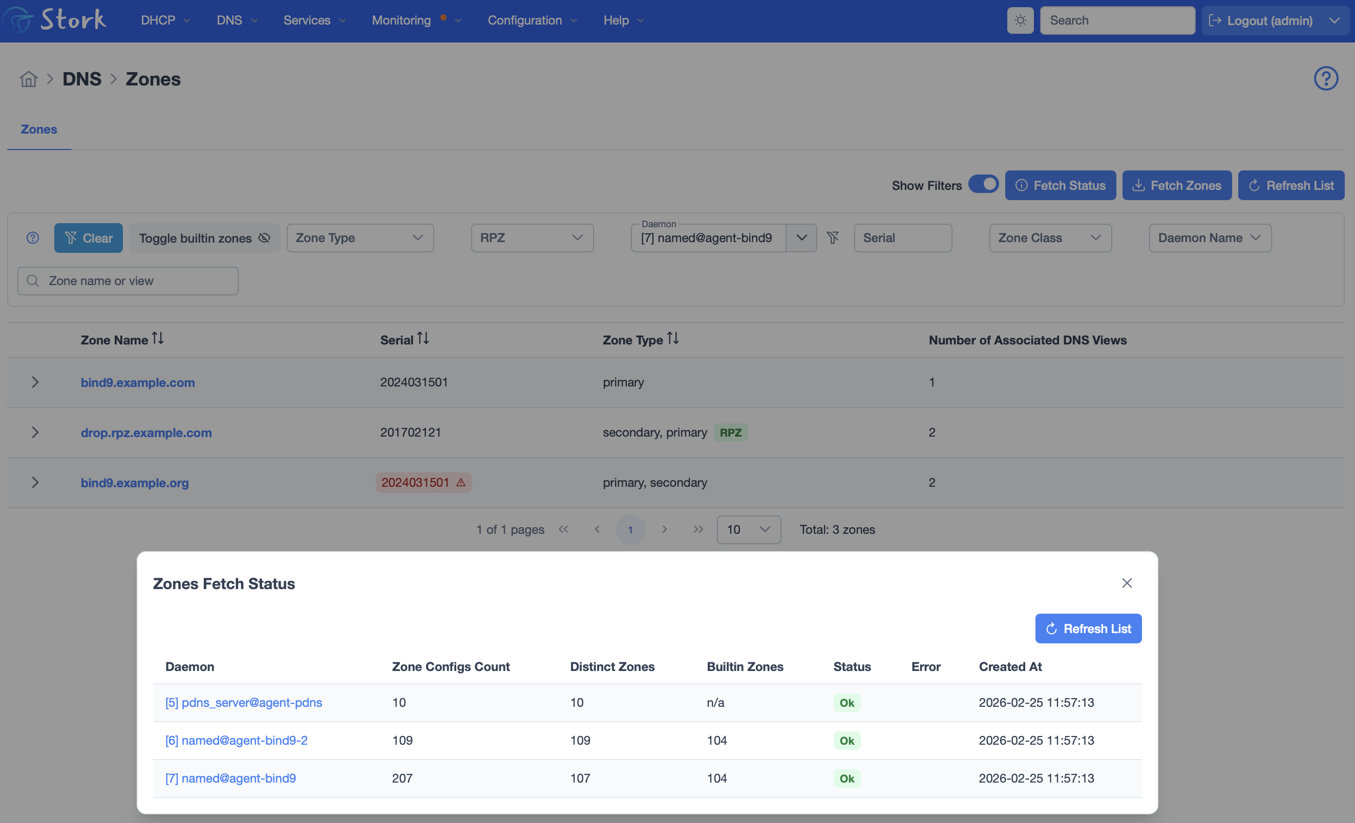 Stork screenshot of the BIND zone configuration, with built-in zones hidden.