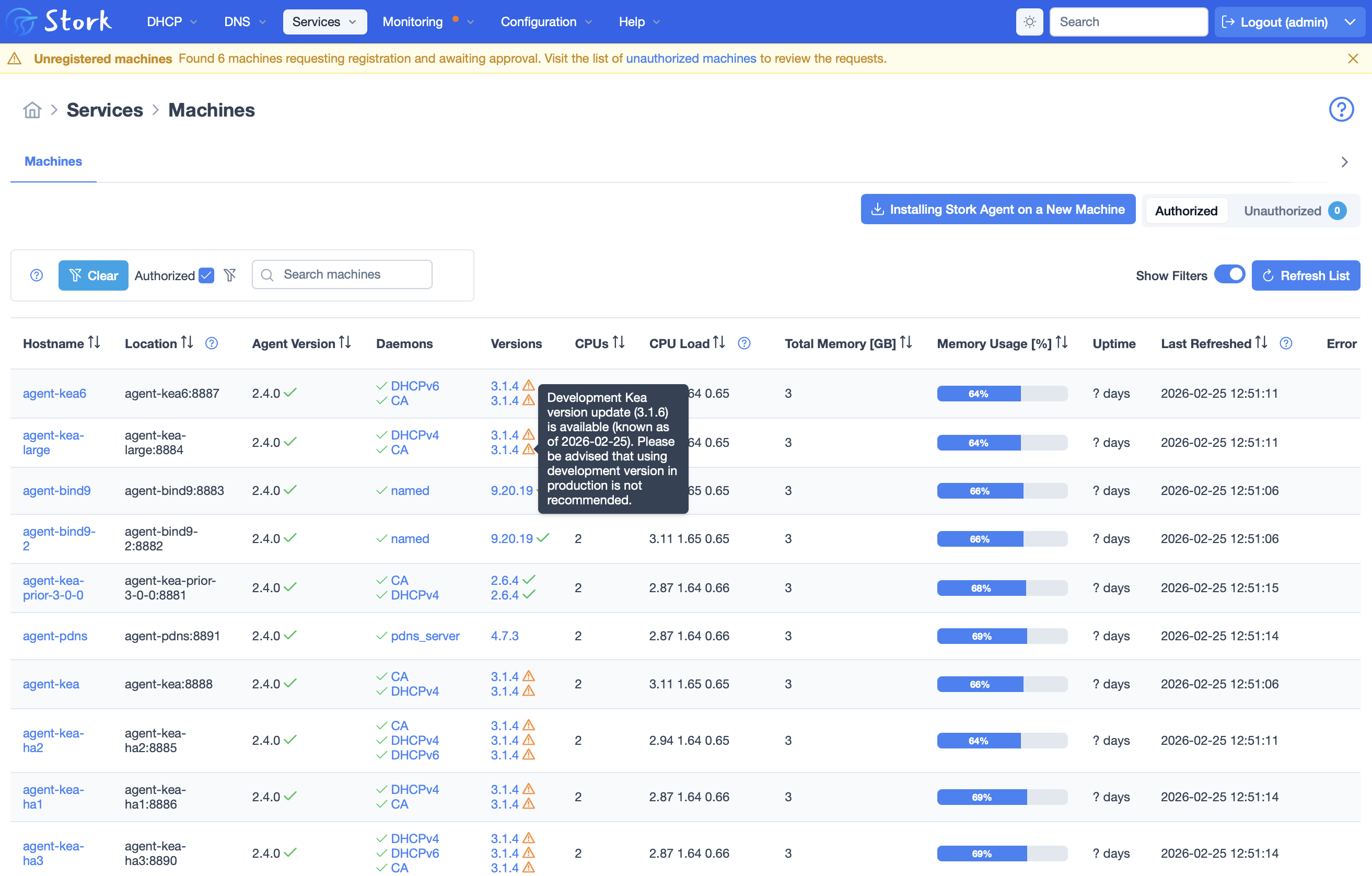 Stork machines view screenshot showing daemons, including the CA as a daemon.