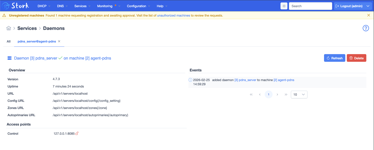 Stork screenshot of the PDNS daemon, showing file locations.