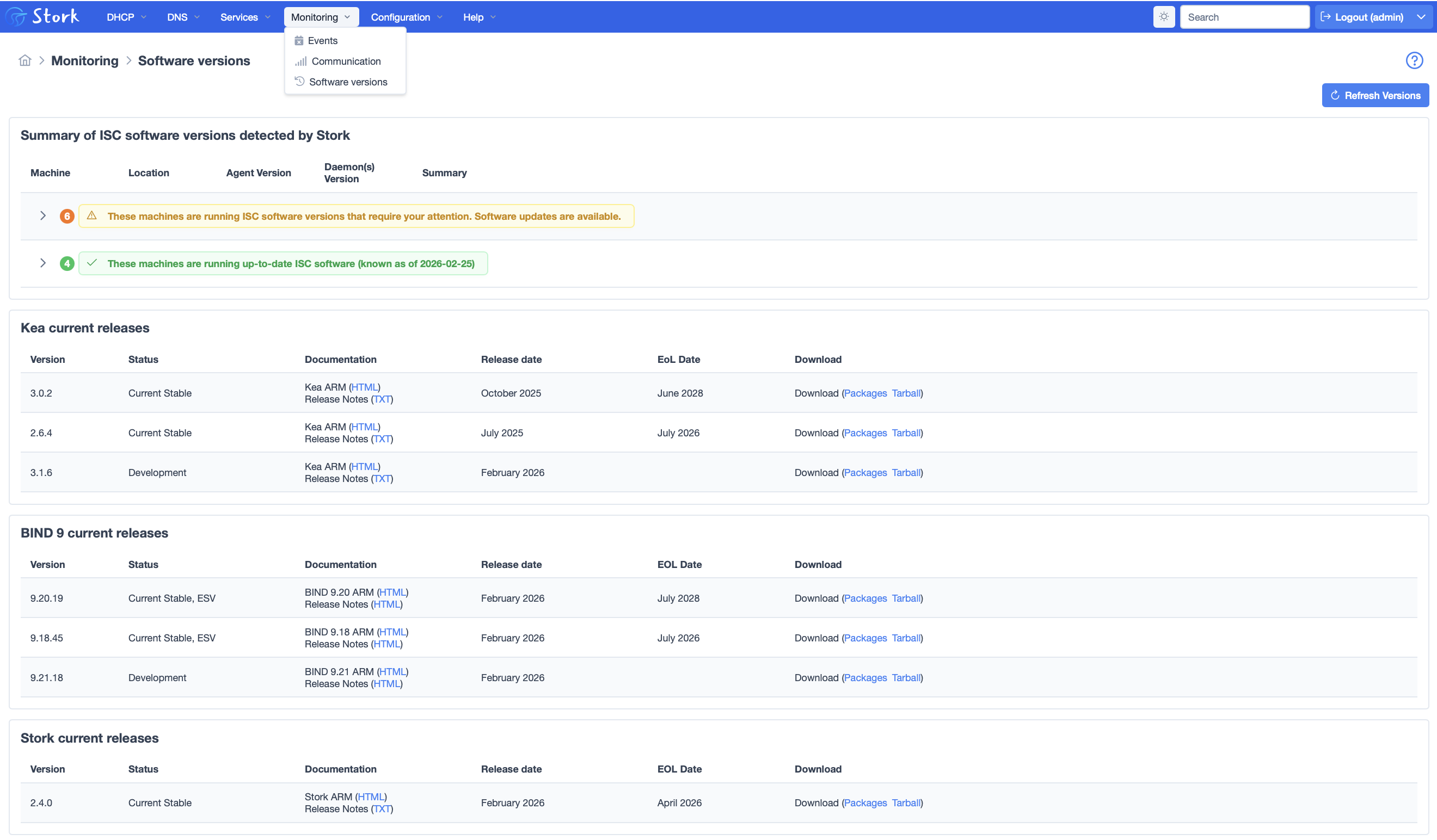 Stork screenshot page listing current versions of BIND, Kea and Stork.