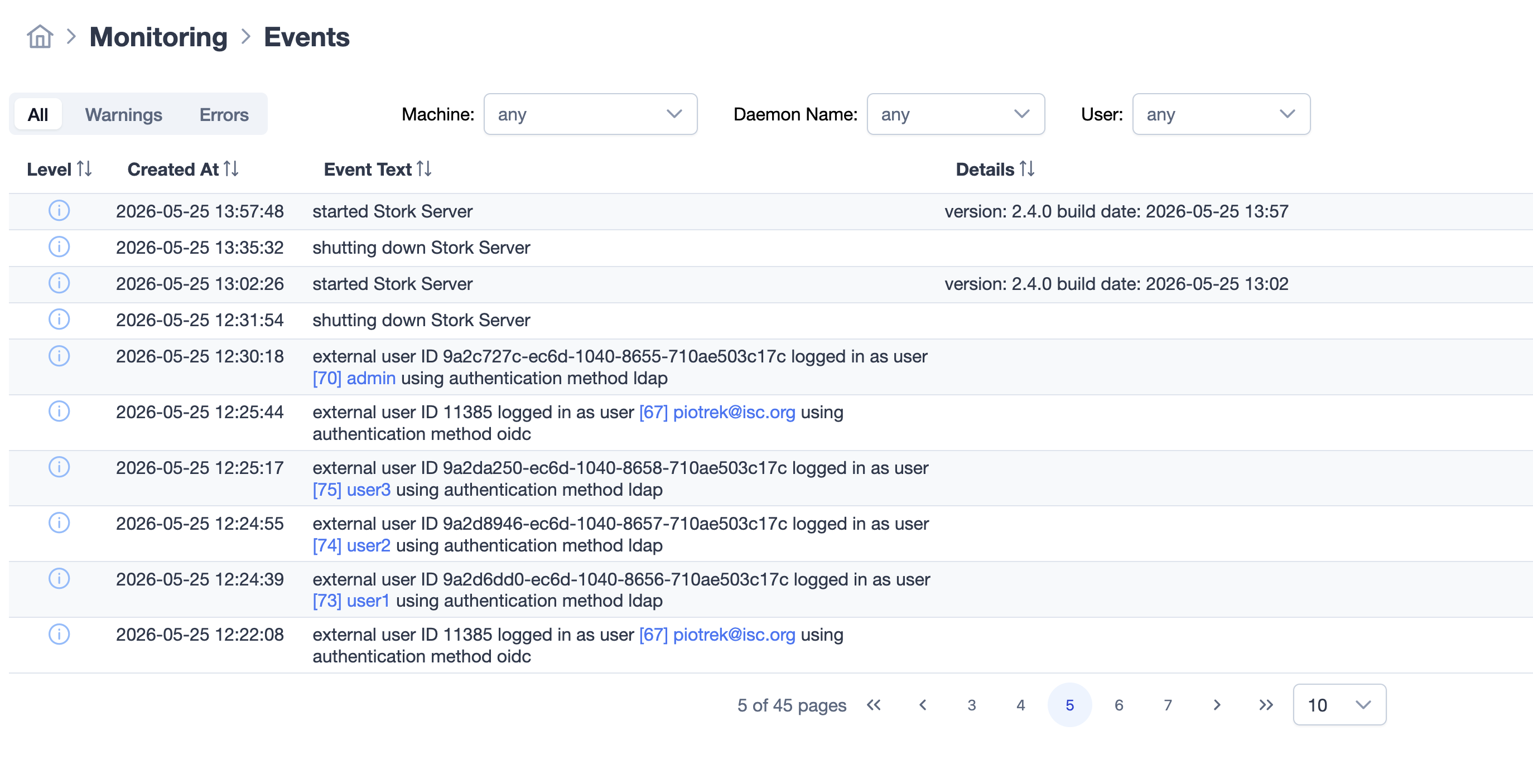 Stork screenshot showing the logs, noting user authentication actions using LDAP and OIDC.