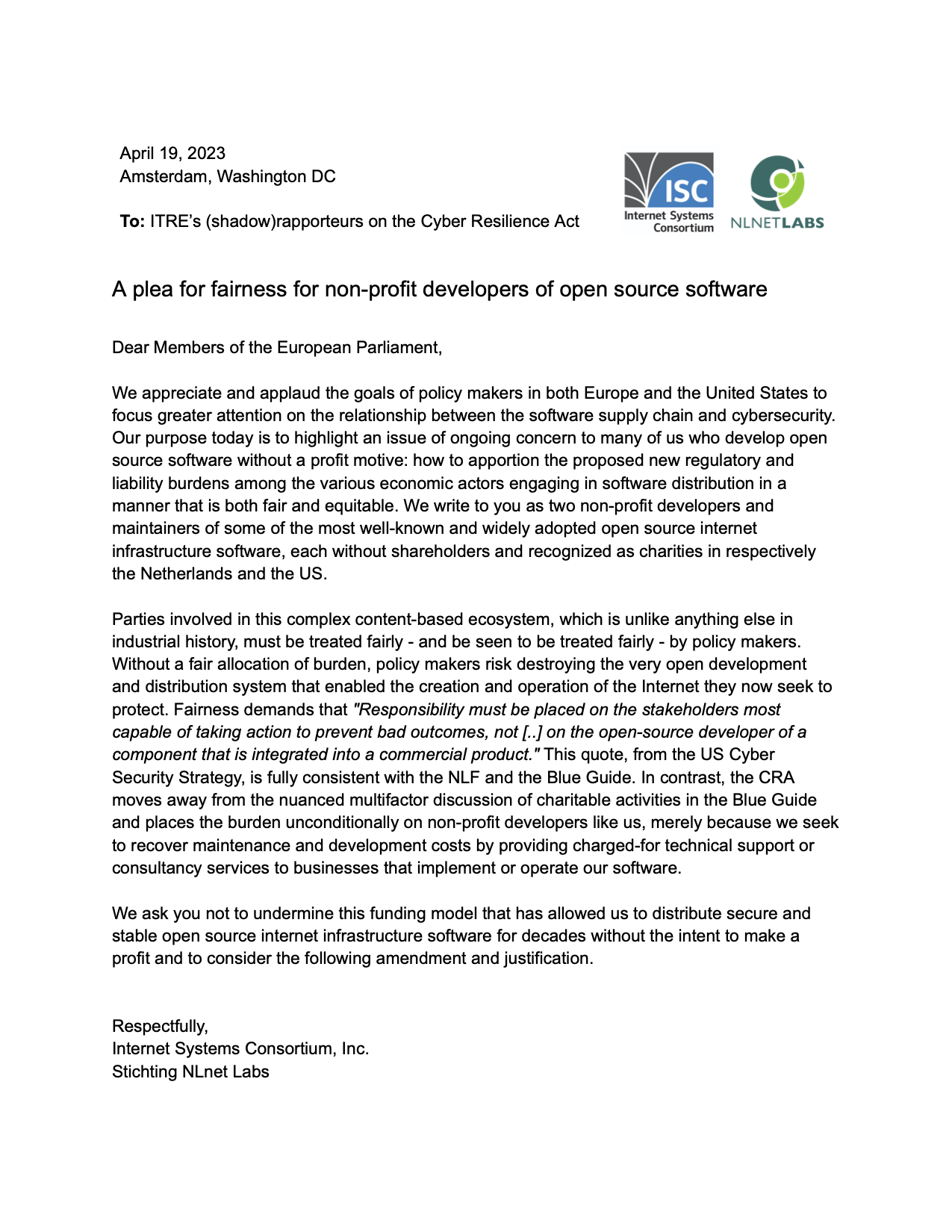 Joint letter from ISC and NLnet Labs to ITRE committee of the European Parliament Regarding the EU Cyber Resilience Act