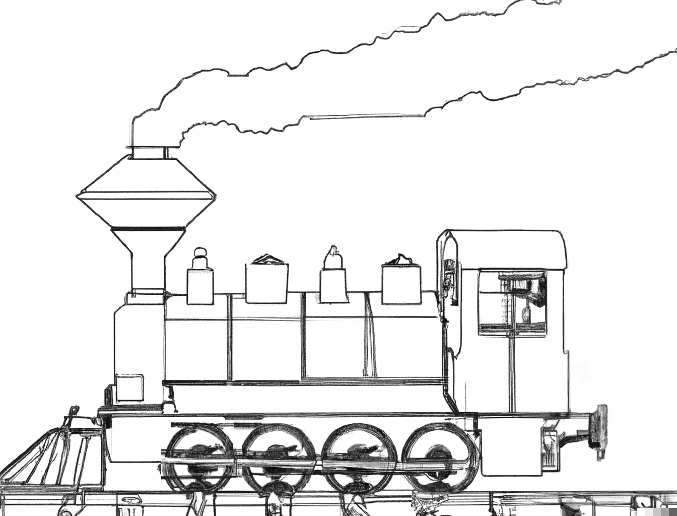 Smoking steam engine, running from right to left, pencil sketch, generated by DALL-E 2