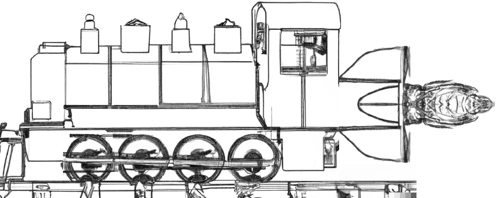 Steam engine without chimney, with running rocket engine tacked to the rear end, pencil sketch, hand assembled from images generated by DALL-E 2