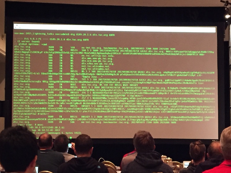 Terminal window projected on a screen, showing dlv.isc.org being replaced by an empty signed zone