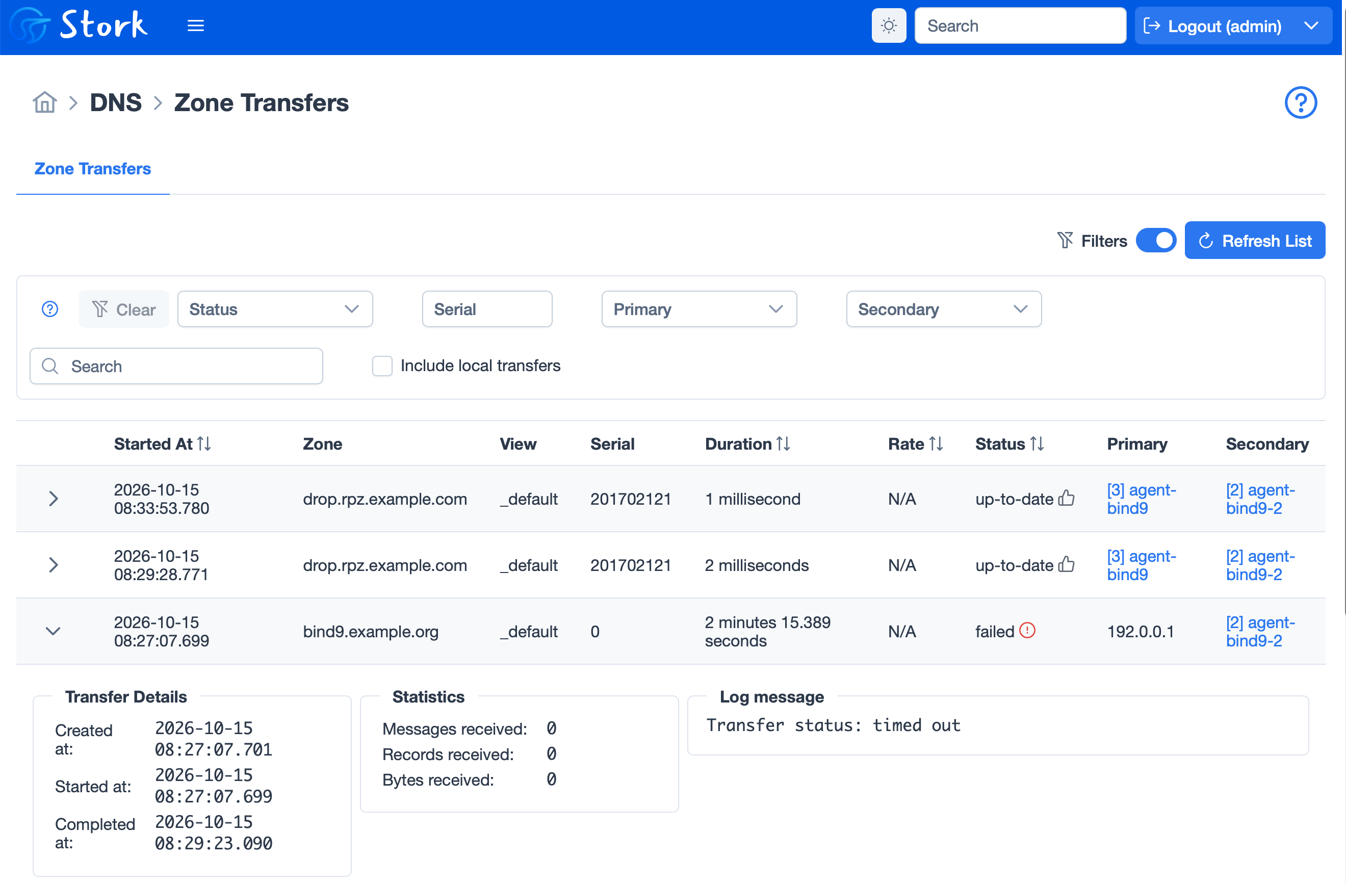 Screenshot showing a list of recent zone transfers, with one failed transfer.