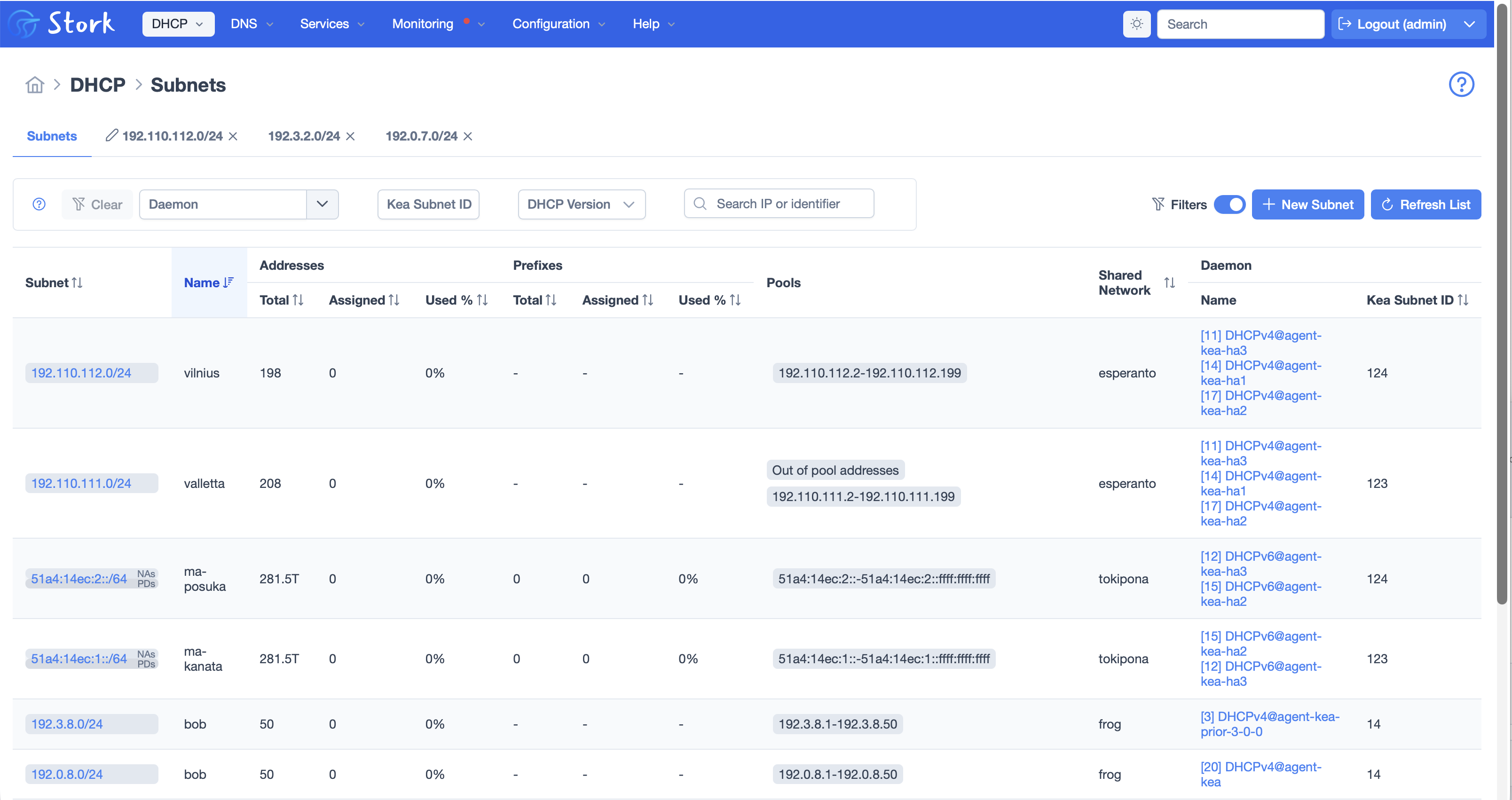 Subnet list showing some subnets in use by multiple servers
